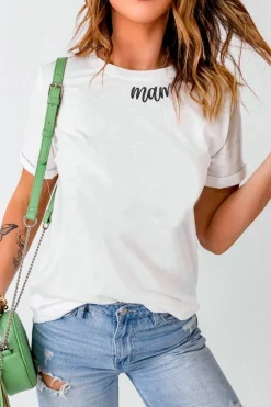 New Dear-Lover mama Heart Embroidered Crew Neck T Shirt White