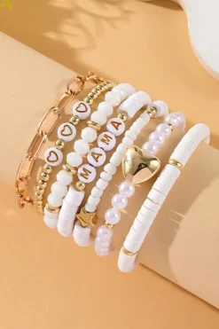 Clearance Dear-Lover MAMA Heart Pearl Beaded Chain Multi Layer Bracelet White