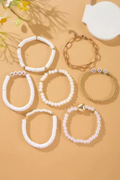 Clearance Dear-Lover MAMA Heart Pearl Beaded Chain Multi Layer Bracelet White