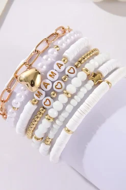 Clearance Dear-Lover MAMA Heart Pearl Beaded Chain Multi Layer Bracelet White