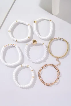 Clearance Dear-Lover MAMA Heart Pearl Beaded Chain Multi Layer Bracelet White