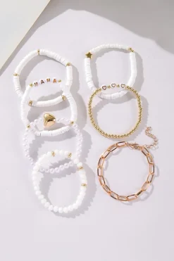 Clearance Dear-Lover MAMA Heart Pearl Beaded Chain Multi Layer Bracelet White