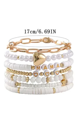 Clearance Dear-Lover MAMA Heart Pearl Beaded Chain Multi Layer Bracelet White