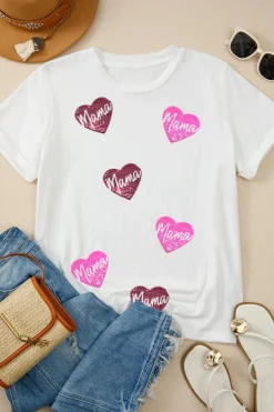 Fashion Dear-Lover mama Heart Shape Sequin Patched Crew Neck T Shirt White