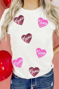 Fashion Dear-Lover mama Heart Shape Sequin Patched Crew Neck T Shirt White