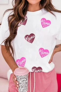 Fashion Dear-Lover mama Heart Shape Sequin Patched Crew Neck T Shirt White