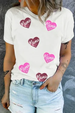 Fashion Dear-Lover mama Heart Shape Sequin Patched Crew Neck T Shirt White