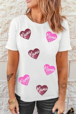 Fashion Dear-Lover mama Heart Shape Sequin Patched Crew Neck T Shirt White