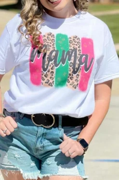 Clearance Dear-Lover Mama Leopard Brush Stroke Graphic T Shirt White