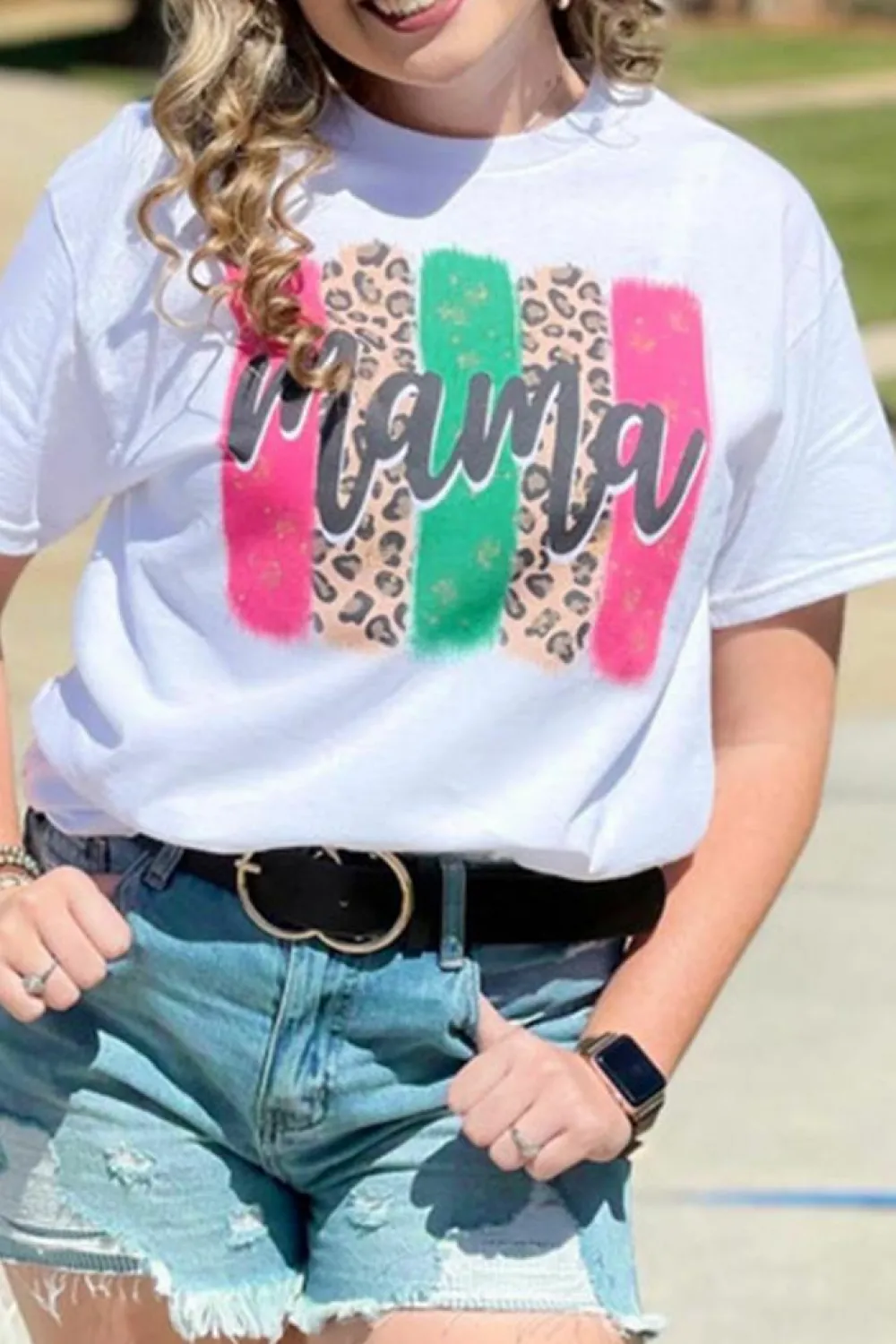 Clearance Dear-Lover Mama Leopard Brush Stroke Graphic T Shirt White