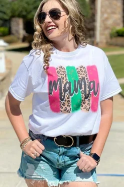 Clearance Dear-Lover Mama Leopard Brush Stroke Graphic T Shirt White