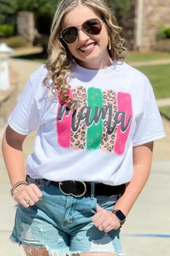 Clearance Dear-Lover Mama Leopard Brush Stroke Graphic T Shirt White