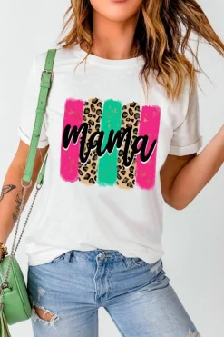 Clearance Dear-Lover Mama Leopard Brush Stroke Graphic T Shirt White