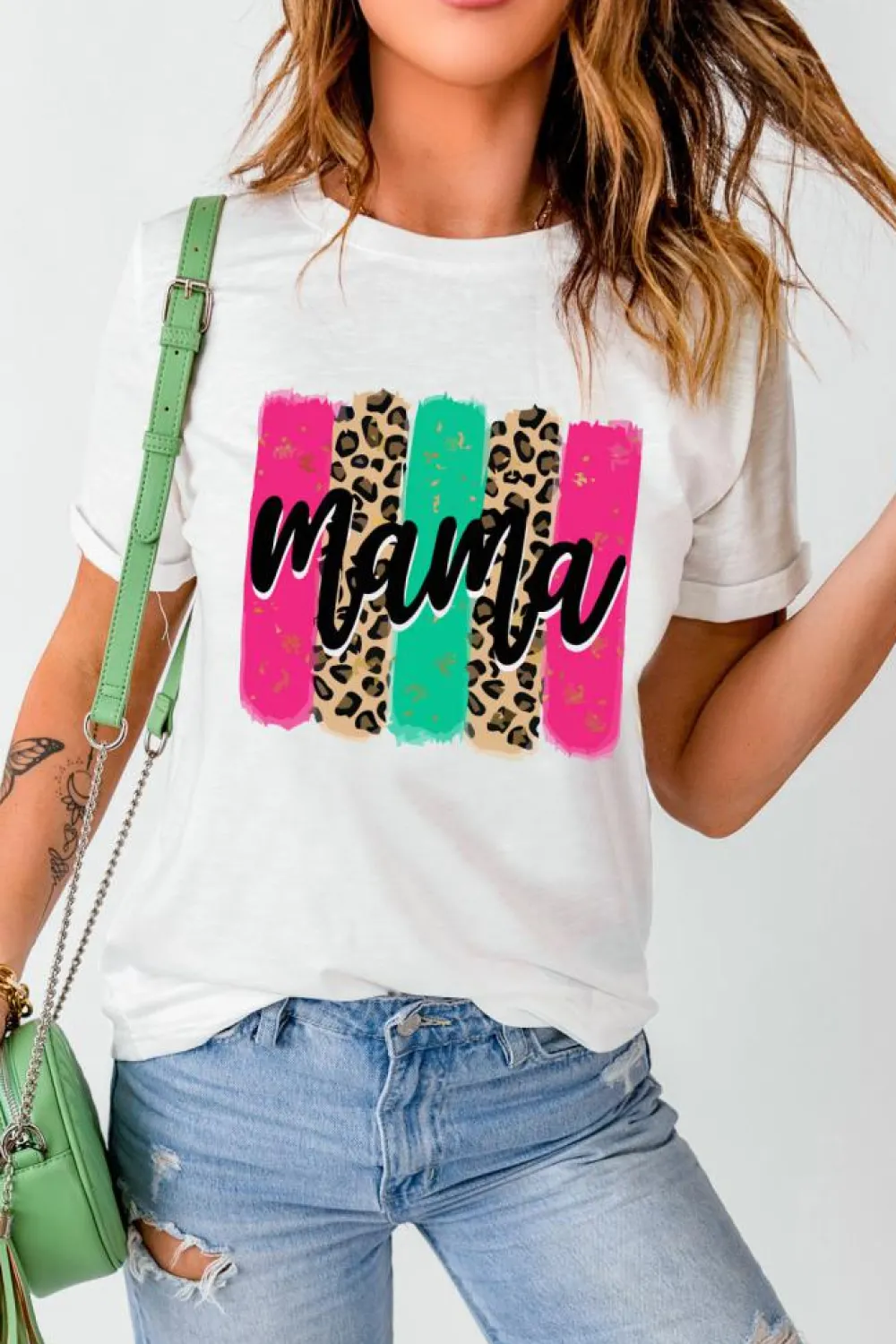 Clearance Dear-Lover Mama Leopard Brush Stroke Graphic T Shirt White