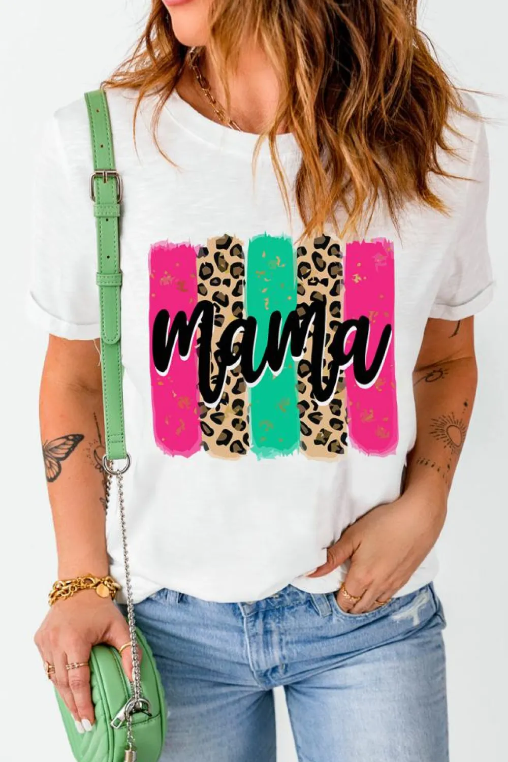 Clearance Dear-Lover Mama Leopard Brush Stroke Graphic T Shirt White