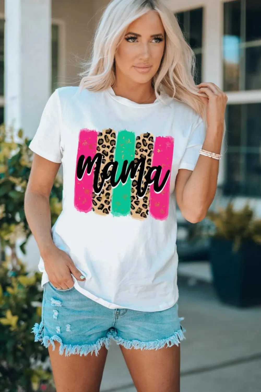 Clearance Dear-Lover Mama Leopard Brush Stroke Graphic T Shirt White