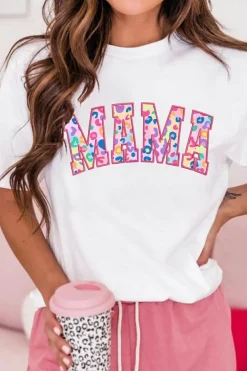 Hot Dear-Lover MAMA Leopard Embroidered Crew Neck Graphic Tee White