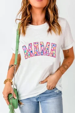 Hot Dear-Lover MAMA Leopard Embroidered Crew Neck Graphic Tee White