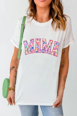 Hot Dear-Lover MAMA Leopard Embroidered Crew Neck Graphic Tee White