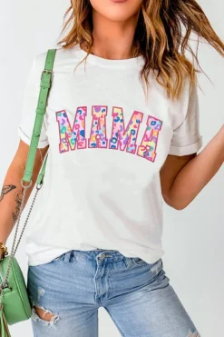 Hot Dear-Lover MAMA Leopard Embroidered Crew Neck Graphic Tee White