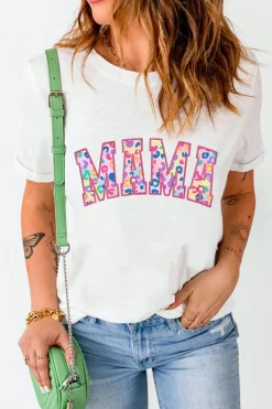 Hot Dear-Lover MAMA Leopard Embroidered Crew Neck Graphic Tee White