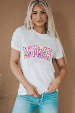 Hot Dear-Lover MAMA Leopard Embroidered Crew Neck Graphic Tee White