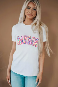 Hot Dear-Lover MAMA Leopard Embroidered Crew Neck Graphic Tee White