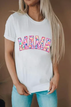 Hot Dear-Lover MAMA Leopard Embroidered Crew Neck Graphic Tee White