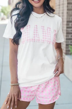 Discount Dear-Lover MAMA Printed Tee and Plaid Shorts Lounge Set White