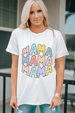 Fashion Dear-Lover MAMA Slogan Print Crew Neck Casual T Shirt White