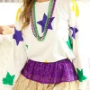 New Dear-Lover Mardi Gras Star Printed Long Sleeve Top White