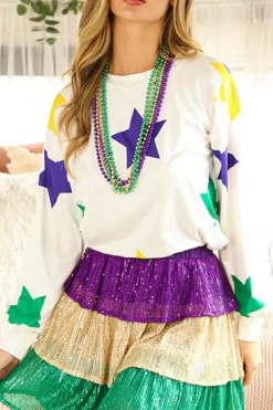 New Dear-Lover Mardi Gras Star Printed Long Sleeve Top White