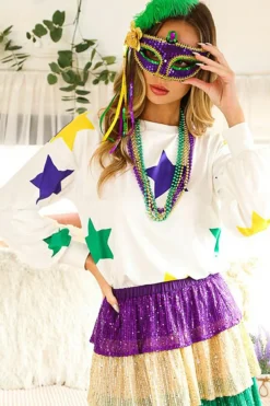 New Dear-Lover Mardi Gras Star Printed Long Sleeve Top White