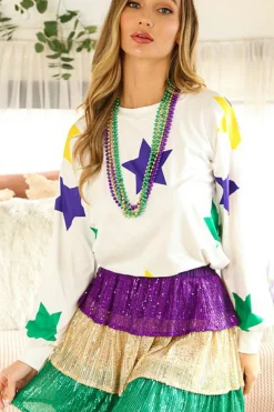 New Dear-Lover Mardi Gras Star Printed Long Sleeve Top White