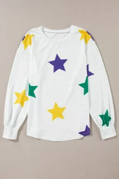 New Dear-Lover Mardi Gras Star Printed Long Sleeve Top White