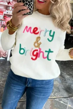 New Dear-Lover Merry & Bright Round Neck Casual Sweater White