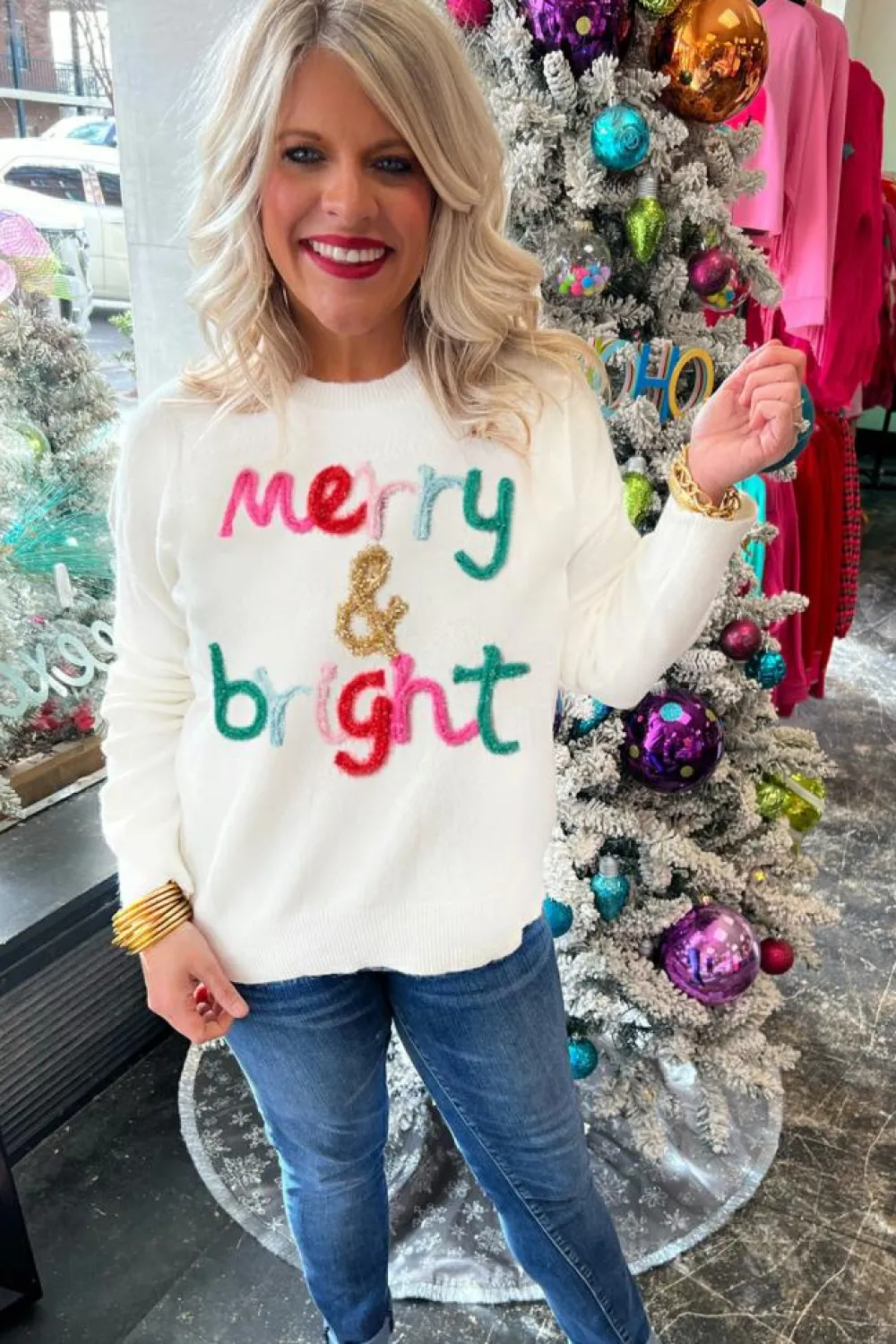 New Dear-Lover Merry & Bright Round Neck Casual Sweater White