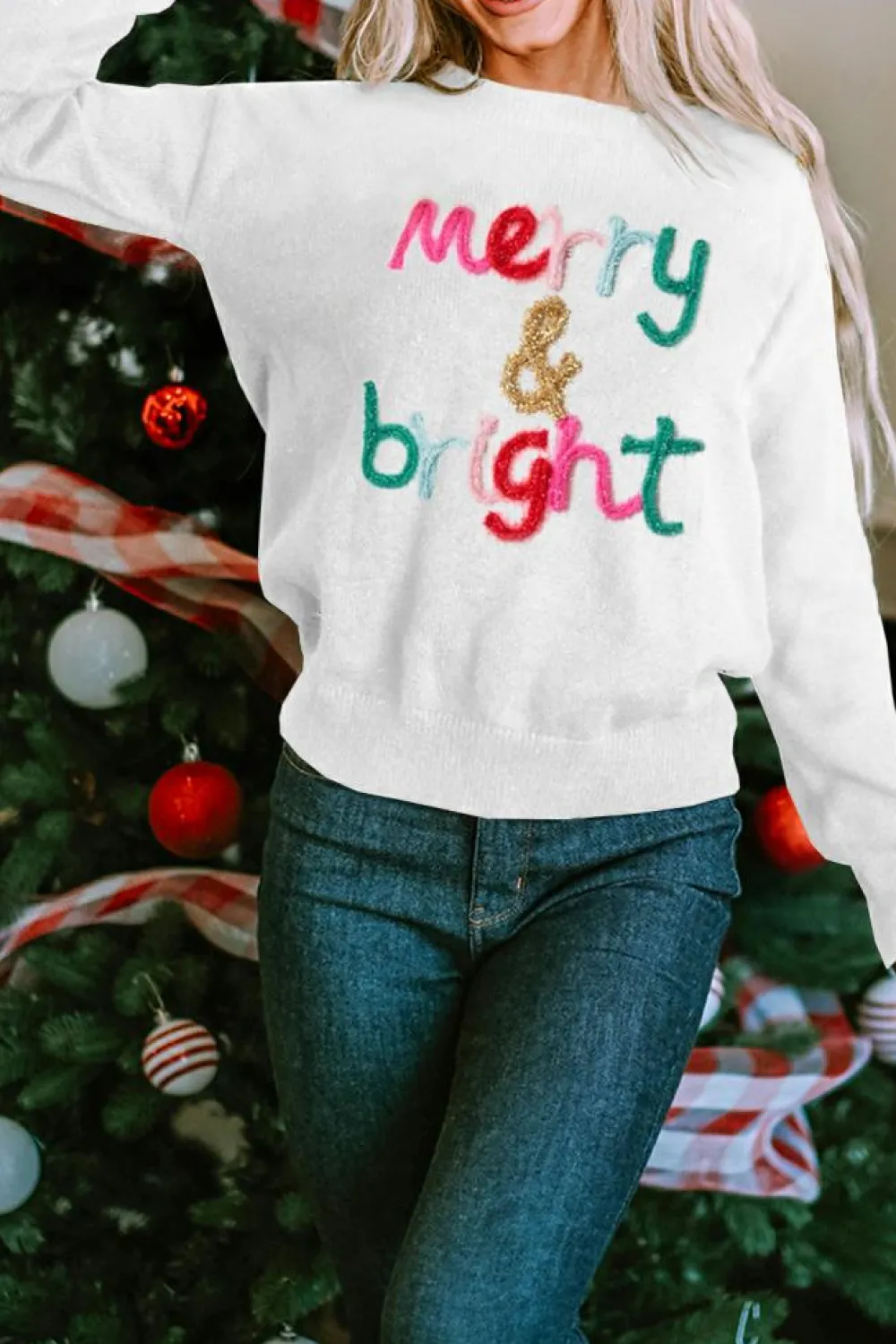 New Dear-Lover Merry & Bright Round Neck Casual Sweater White