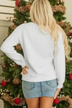 Fashion Dear-Lover Merry And Bright Cable Knit Pullover Sweatshirt White