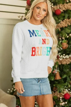 Fashion Dear-Lover Merry And Bright Cable Knit Pullover Sweatshirt White