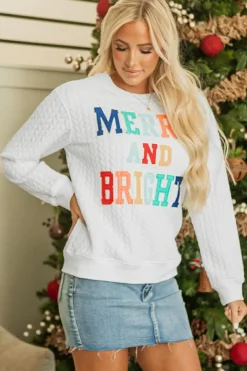 Fashion Dear-Lover Merry And Bright Cable Knit Pullover Sweatshirt White