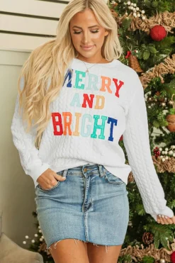 Fashion Dear-Lover Merry And Bright Cable Knit Pullover Sweatshirt White