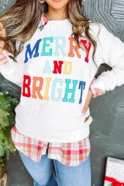 Fashion Dear-Lover Merry And Bright Cable Knit Pullover Sweatshirt White