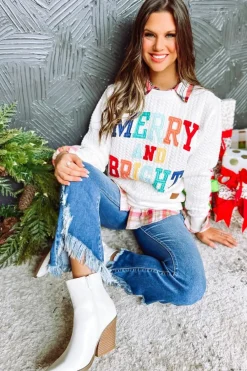 Fashion Dear-Lover Merry And Bright Cable Knit Pullover Sweatshirt White