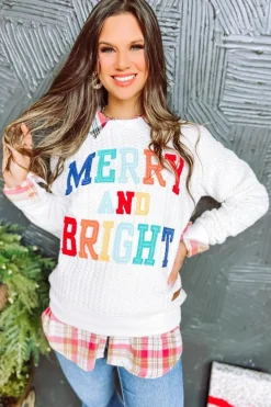 Fashion Dear-Lover Merry And Bright Cable Knit Pullover Sweatshirt White