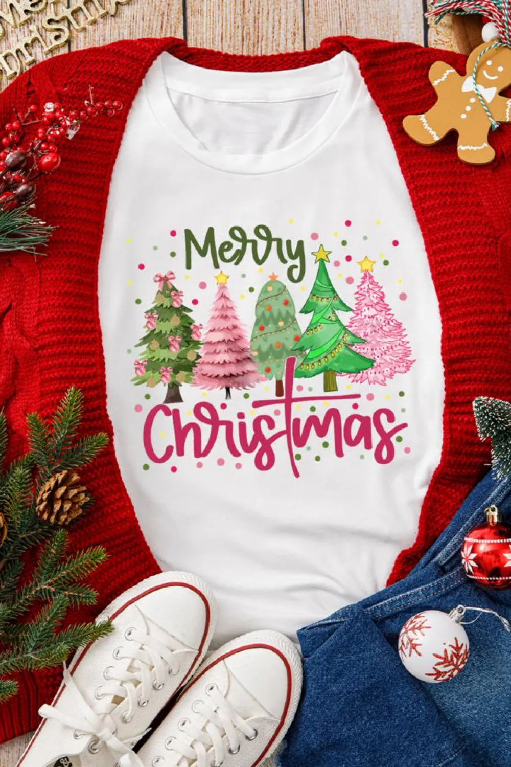 Online Dear-Lover Merry Christmas Holiday Vibe Graphic Crewneck T Shirt White