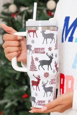New Dear-Lover Merry Christmas Tree Snowflake Elk Print Handle Tumbler White