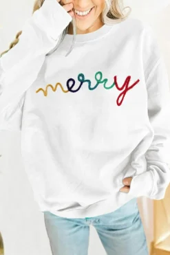 Fashion Dear-Lover MERRY Graphic Pullover Sweatshirt White