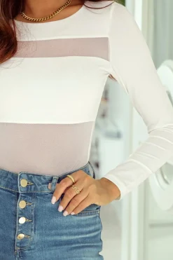 Best Dear-Lover Mesh Patchwork Long Sleeve Bodysuit White