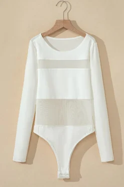 Best Dear-Lover Mesh Patchwork Long Sleeve Bodysuit White